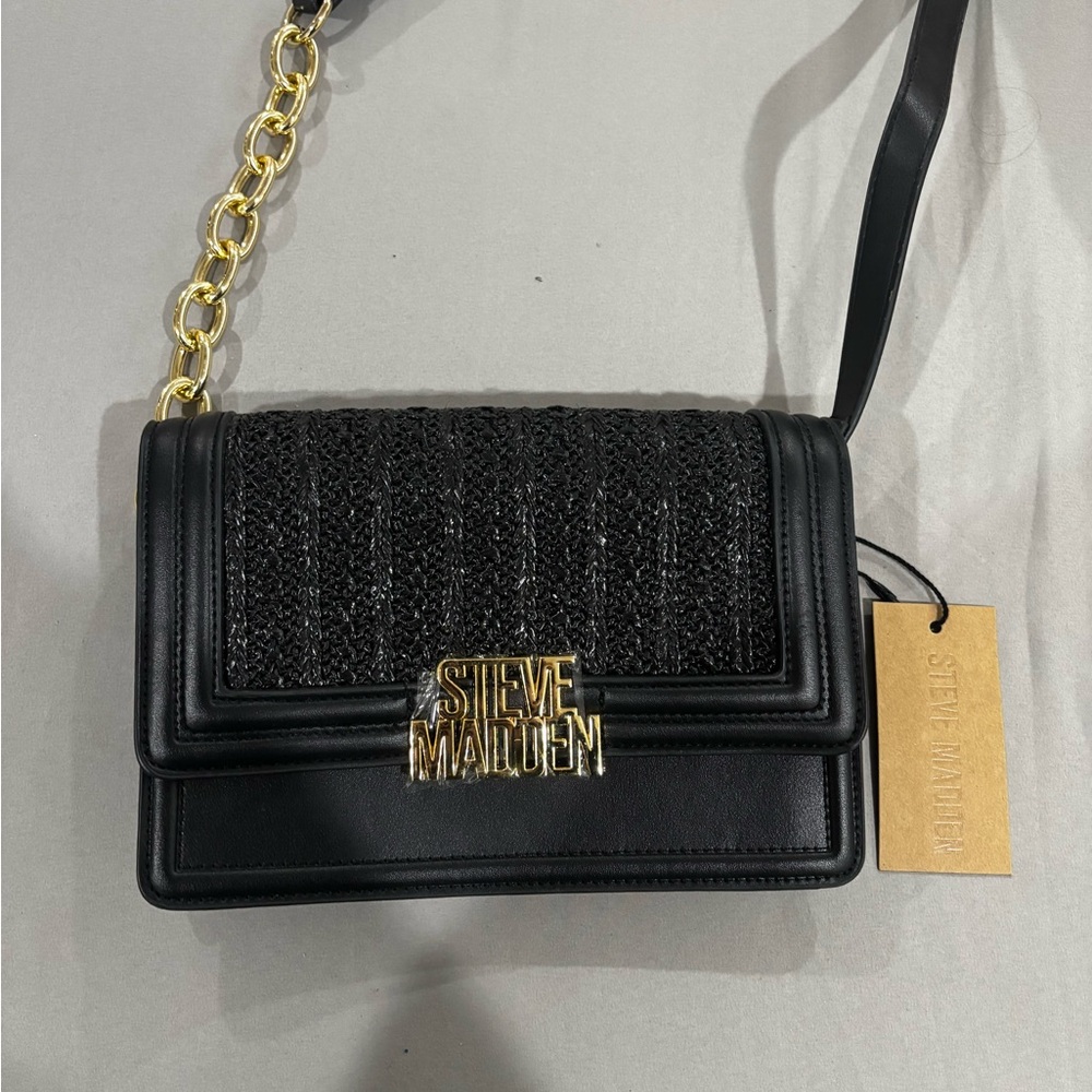 Steve Madden Black Quilted-Texture Crossbody with Gold Chain